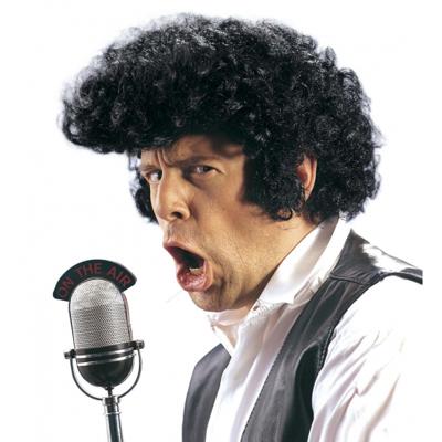 Rockster / popster pruik - jaren 70 - zwart - krullen en bakkebaarden - Tom Jones look pruik