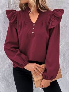 Women's Solid Color V Neck Button Ruffle Shoulder Blouse Long Sleeve T-Shirt Casual Clothing