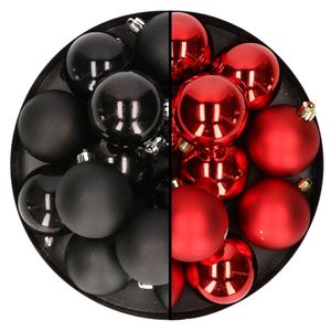 24x stuks kunststof kerstballen mix van zwart en rood 6 cm