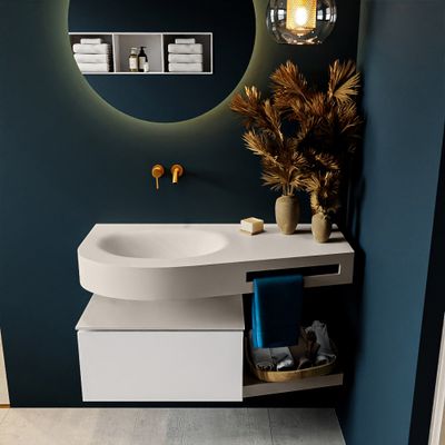 MONDIAZ RIVA 100cm badmeubel onderkast / planchet kleur Talc met 1 lade. Wastafel DULCET links 0 kraangaten kleur Linen. MONDIAZ RIVA 100cm badmeubel onderkast / planchet kleur Talc met 1 lade. Wastafel DULCET links 0 kraangaten kleur Linen.