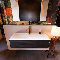 Badkamermeubelset Mondiaz Erin 120 cm met 1 Lade met RIDGE Wastafel Links Talc met 1 kraangat Greeploos Mat Dark Brown