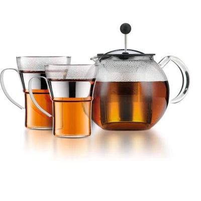 Theepot met pers - BODUM - ASSAM SET - 1,0 l met deksel, roestvrijstalen filter + 2 glazen bekers met roestvrijstalen handgrepen 0,35 l