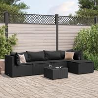 6-delige Loungeset met kussens poly rattan zwart