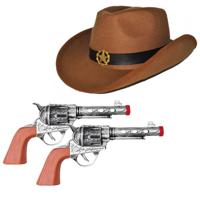 Faram party - Cowboyhoed bruin - en 2 revolvers - verkleed set - volwassenen - carnaval - verkleden