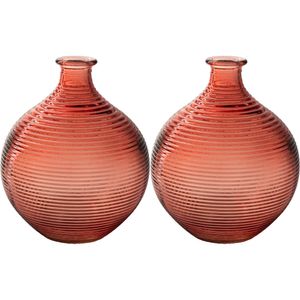 Bloemenvaas/flesvaas - 2x - oranje/terra - bolvorm met ribbel - D16 x H20 cm