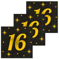 Verjaardag feest servetten - leeftijd 16 jaar - 48x stuks - zwart/goud - sterren - 33 x 33 cm