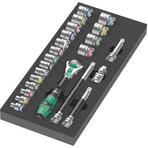 Wera 9721 Schuimrubberen inzetstuk met 8000 B Zyklop ratel 3/8" Set 1, 23-delig gereedschapsset Ratel en doppenset, in schuimrubberen inzet voor werkplaatswagen