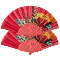 Handwaaier/spaanse waaier Flowers - 2x - rood - polyester - 40 x 23 cm - verkoeling/zomer