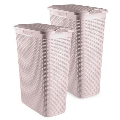 Smalle Wasmand met deksel Rotan - 2x - roze - gevlochten kunststof - 48 liter - 27 x 46 x 60 cm