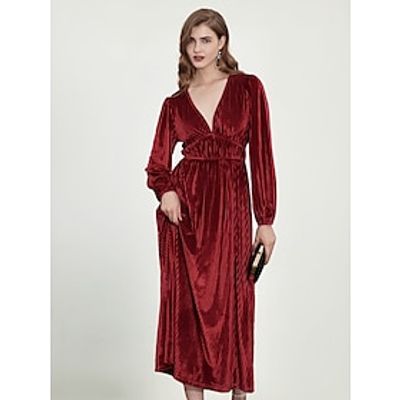 Dames Fluwelen Jurk Feestjurk Cocktail jurk Halflange jurk Rood Bruin Lange mouw Heldere kleur Met ruches Lente Herfst Winter V-hals Modieus Feest Volwassen Wi