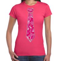 Verkleed T-shirt dames - roze - piemel stropdas - foute party/themafeest