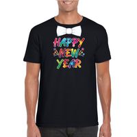 Oud en nieuw t-shirt Happy New Year met vlinderdas zwart heren - thumbnail