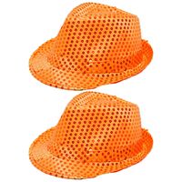 Trilby verkleed hoed met pailletten - 2x - oranje - glitters - volwassenen - Koningsdag