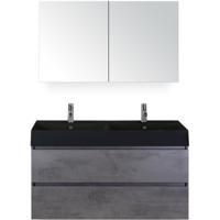 Maxx XL Badmeubelset 120 cm - Beton Antrac - Wastafel Kube Dubbel Zwart 2 Kraangaten met Spiegelkast