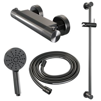 Douchekraanset Brauer Gunmetal Carving Opbouw Met Glijstang En Ronde Handdouche Geborsteld Gunmetal Brauer