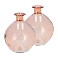 Bloemenvaas rond model - 2x - helder gekleurd glas - perzik roze - D13 x H15 cm