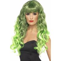 Carnaval verkleed dames pruik - krullen groen - lang haar - heksenpruik - thumbnail