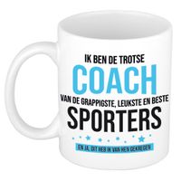 Cadeau koffie/thee mok voor coach/trainer - blauw - trotse coach - keramiek - 300 ml