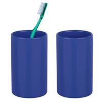 Badkamer drinkbeker/tandenborstelhouder Sienna - 2x - porselein - glans blauw - 7 x 11 cm