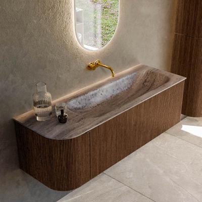 Badmeubel Mondiaz Kurve-Dlux | 135 cm | Meubelkleur Walnut | Wastafelkleur Oza | Solid surface | Wasbak rechter zijde spoelbak | Zonder kraangat(en)