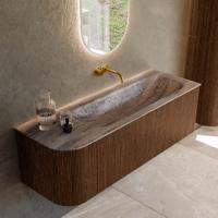 Badmeubel Mondiaz Kurve-Dlux | 135 cm | Meubelkleur Walnut | Wastafelkleur Oza | Solid surface | Wasbak rechter zijde spoelbak | Zonder kraangat(en)
