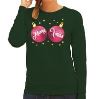 Foute kersttrui / sweater groen met roze Merry Xmas voor dames - thumbnail