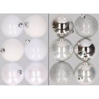 12x stuks kunststof kerstballen mix van wit en zilver 8 cm - thumbnail