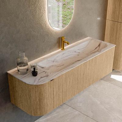 Badmeubel Mondiaz Kurve-Dlux | 145 cm | Meubelkleur Oak | Wastafelkleur Nata | Solid surface | Wasbak rechter zijde spoelbak | 1 kraangat