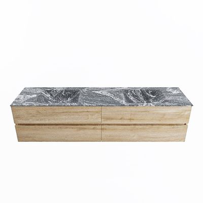 MONDIAZ VICA-DLUX 200cm badmeubel onderkast Washed Oak 4 lades. Inbouw wastafel CLOUD dubbel 2 kraangaten, kleur Lava.