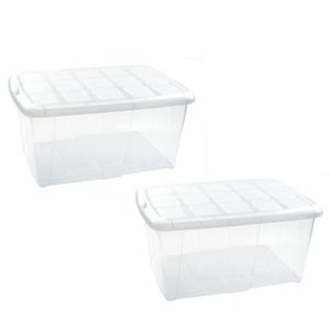 3x Opslagbakken/organizers met deksel 60 liter 63 x 46 x 32 transparant/wit - Opbergbox