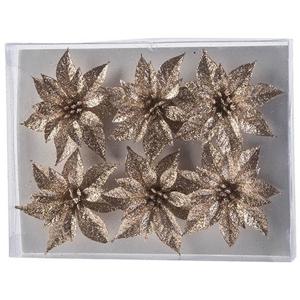 Bloemen op clip - 6x st - champagne - glitter - 8 cm - kerstversiering