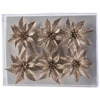 Bloemen op clip - 6x st - champagne - glitter - 8 cm - kerstversiering