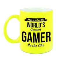 Worlds Greatest Gamer cadeau koffiemok / theebeker neon geel 330 ml   - - thumbnail