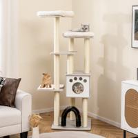 176 cm Hout Krabpaal met 6 Verdiepingen Kattenboom met Gezellige Matten Grot en Kattenboog Kattenmeubels Klimboom Speelboom