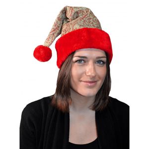 Set van 2x stuks luxe kerstmuts beige/rood met glitters en pluche