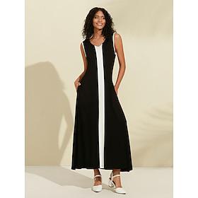 Zwarte maxi-jurk voor dames, modale kleurblokken, mouwloze v-hals, elegante lijngebreide jurk