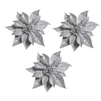 Cosy & Trendy Kerstboomversiering - 3x - bloem - op clip - zilveren kerstster - 18 cm