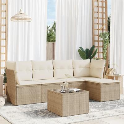 6-delige Loungeset met kussens poly rattan beige