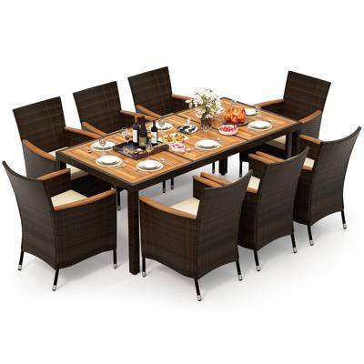 9-delige Rotan Zitgroep voor 8 Personen Tuinmeubelen Tuintafel met Stapelbare Stoelen & Acacia-tafelblad Tuinset Buiten Bruin