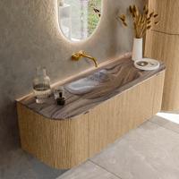 Badmeubel Mondiaz Kurve-Dlux | 130 cm | Meubelkleur Oak | Wastafelkleur Sombra | Solid surface | Wasbak midden spoelbak | Zonder kraangat(en)