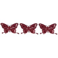 3x Kerstversieringen vlinder op clip glitter bordeaux rood 14 cm - Kersthangers - thumbnail