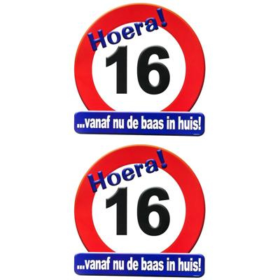 16 jaar verjaardag stopbord - 2x stuks - Dia 50 cm - Leeftijd feestartikelen - verkeersbord - Karton