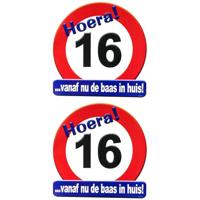16 jaar verjaardag stopbord - 2x stuks - Dia 50 cm - Leeftijd feestartikelen - verkeersbord - Karton