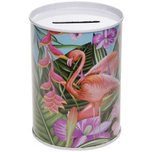 Metalen lichtblauwe spaarpot flamingos 7.5 x 10 cm   -