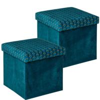 Poef/krukje/hocker Royal - 2x - Opvouwbare zit opslag box - fluweel Smaragd groen - D38 x H38 cm