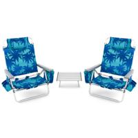 Set van 1 Tafel en 2 Strandstoelen Ligstoelen voor Buiten met Oprolbare Campingtafel 5-Standen Klapstoelen en Aluminium Tafel -Blauw