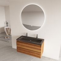 Fontana Freestone badkamermeubel walnoot 100cm met natuurstenen wastafel 2 kraangaten en ronde spiegel