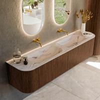Badmeubel Mondiaz Kurve-Dlux | 190 cm | Meubelkleur Walnut | Wastafelkleur Nata | Solid surface | Wasbak beide zijden spoelbak | Zonder kraangat(en)