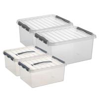 Sunware Q-Line opberg boxen set 4x stuks - 2 maten - 15 en 36 liter - kunststof - transparant/grijs