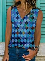 Paisley Sleeveless Printed Cotton-blend V neck Holiday Summer Blue Top - thumbnail